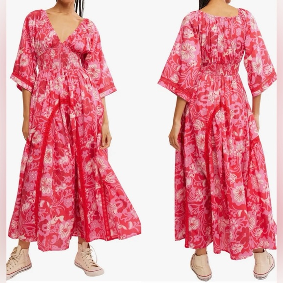 NEW FREE PEOPLE Printed Smocked Waist floral print Maxi Ruby combo Dress sz S - Picture 2 of 8